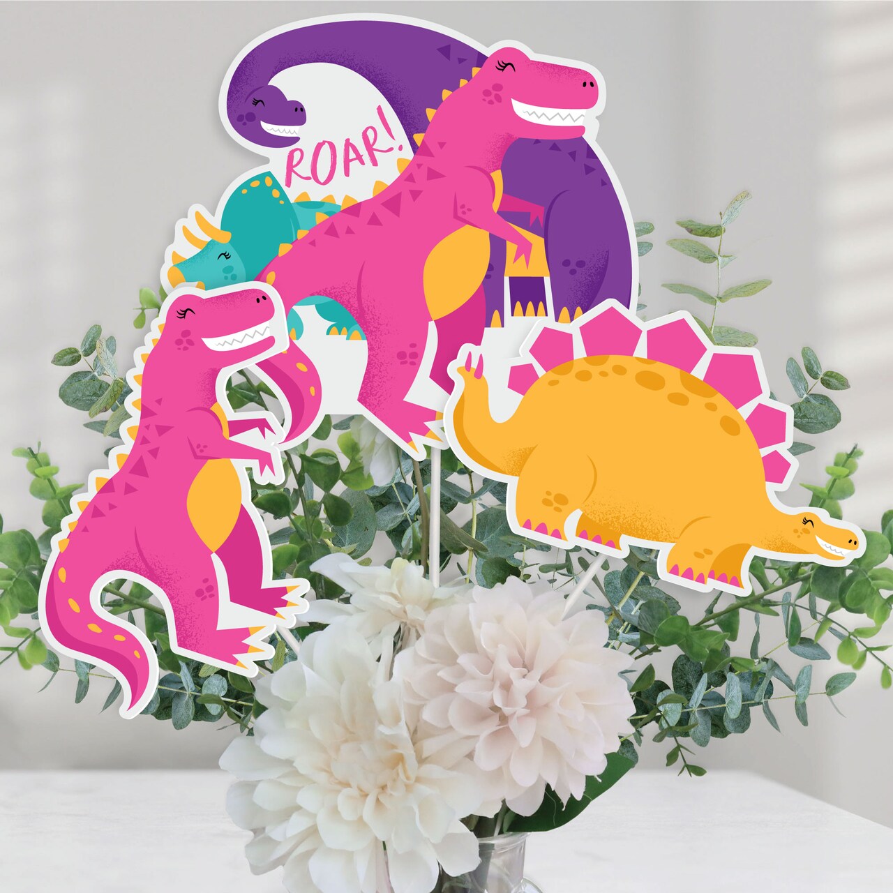 Big Dot of Happiness Roar Dinosaur Girl - Dino Mite T-Rex Baby Shower or Birthday Party Centerpiece Sticks - Table Toppers - Set of 15